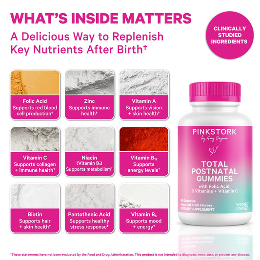 Pink Stork Total Postnatal Gummies pack shot for daily postpartum use
