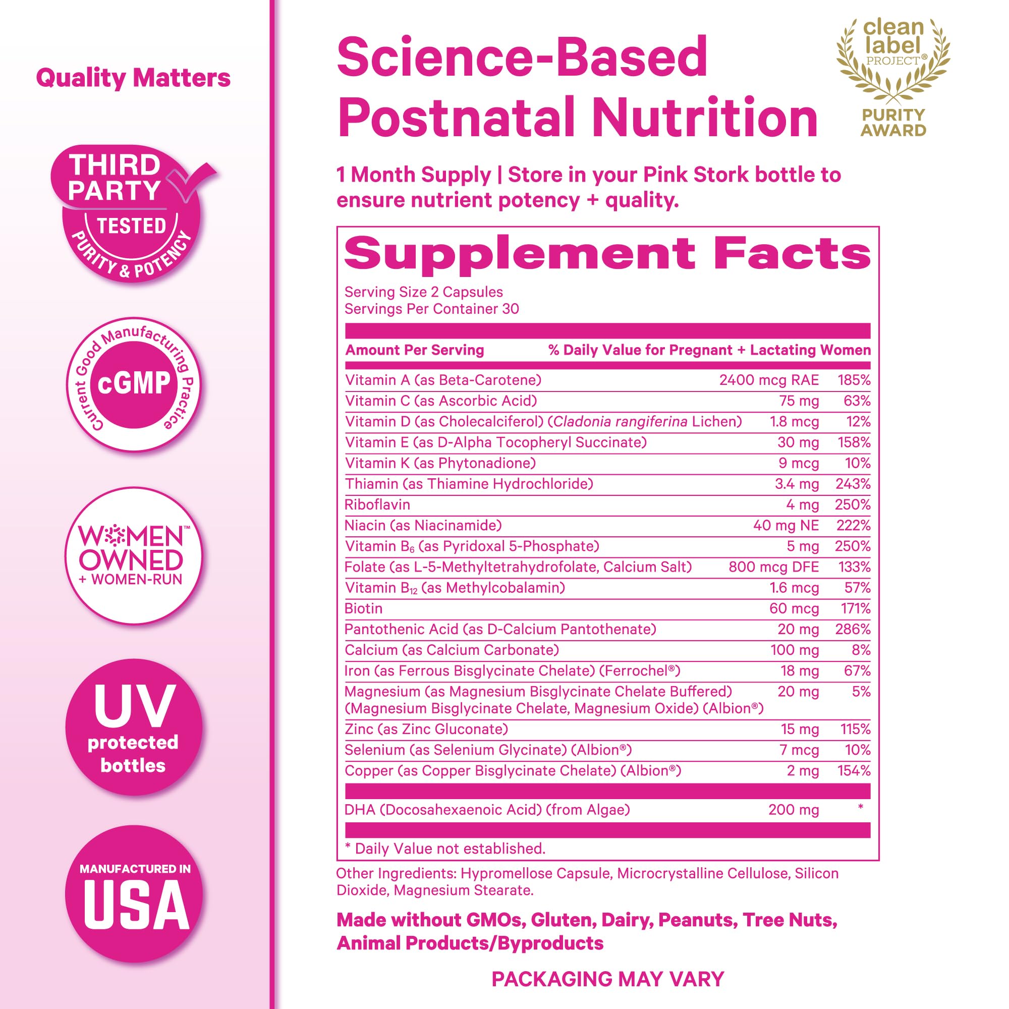 Iron and folate icons on Pink Stork postnatal packaging