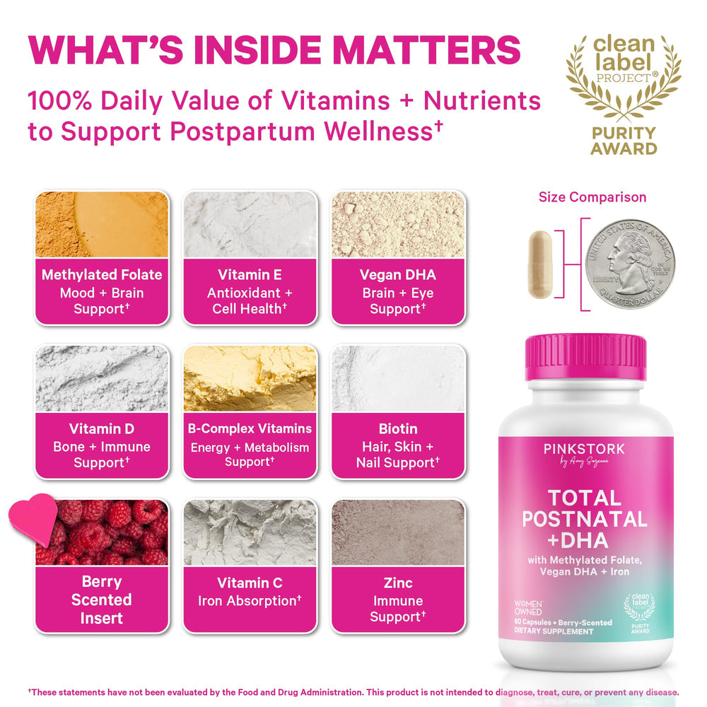 Pink Stork Total Postnatal Vitamins capsules closeup for easy daily use.