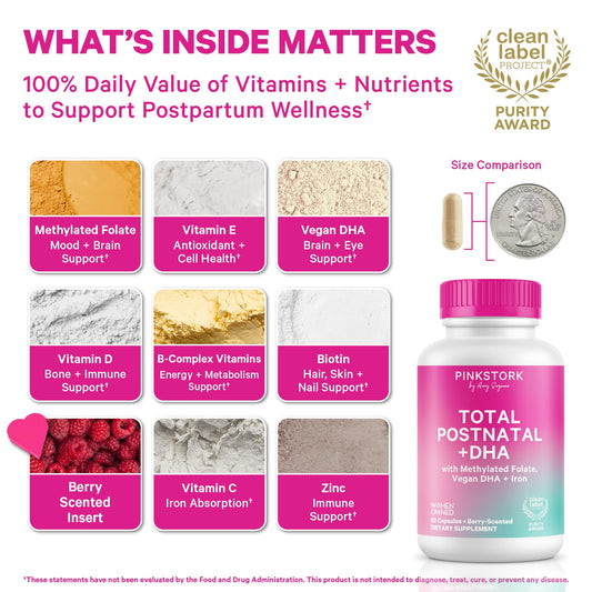 Pink Stork Total Postnatal Vitamins capsules closeup for easy daily use.