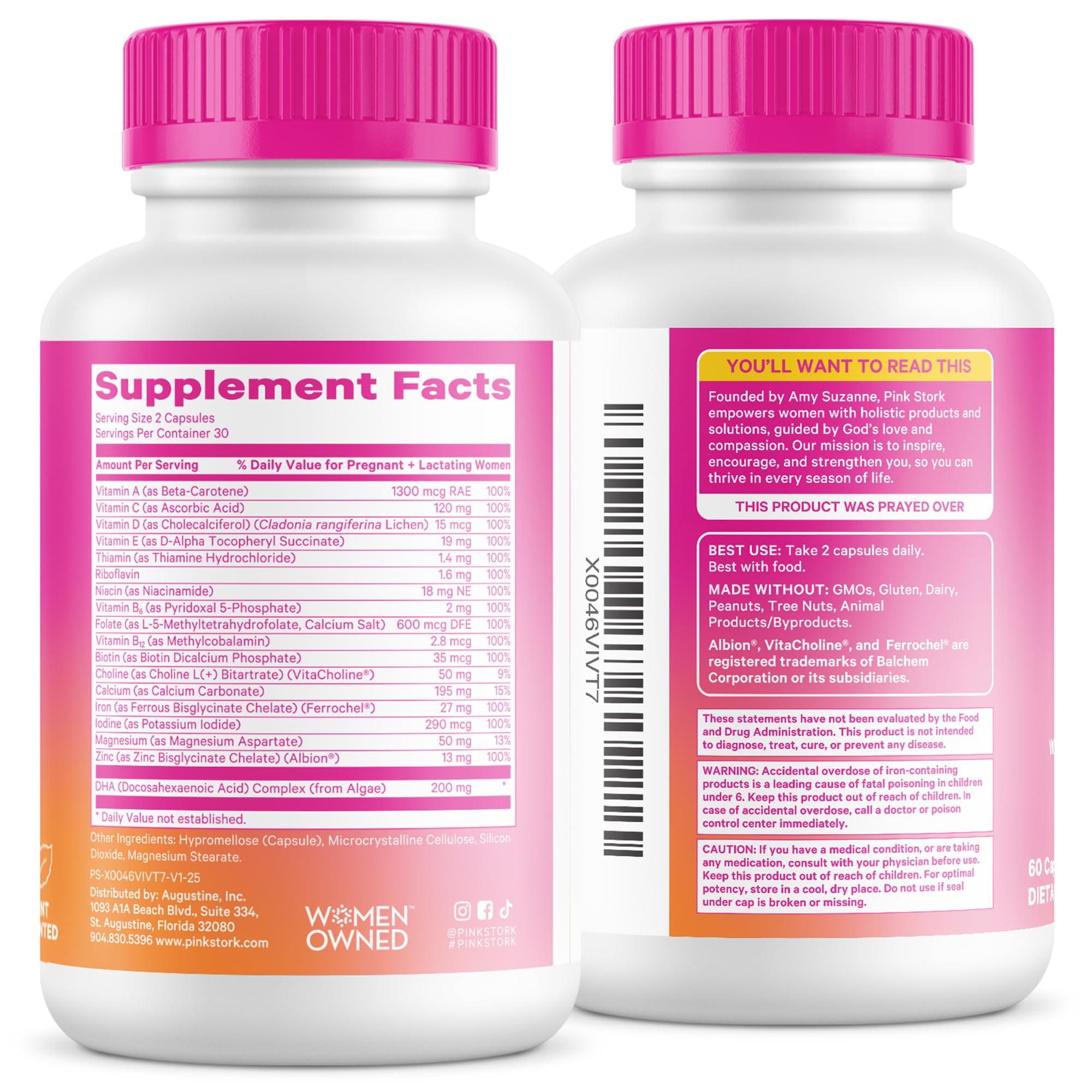Pink Stork Total Prenatal bottle pour demonstrates convenient dosing and portability.