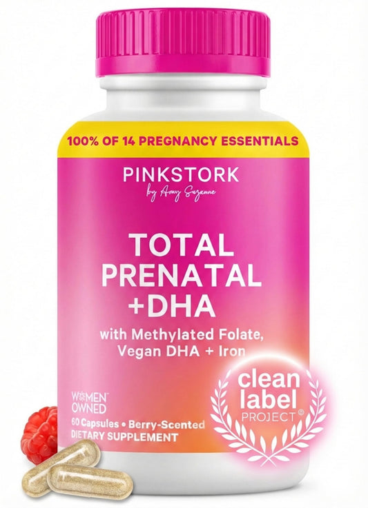 Pink Stork Total Prenatal DHA Berry bottle for easy daily support