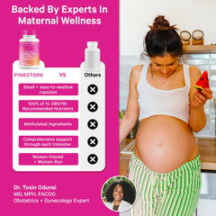 Back label of Pink Stork Total Prenatal DHA bottle highlighting full nutrient blend