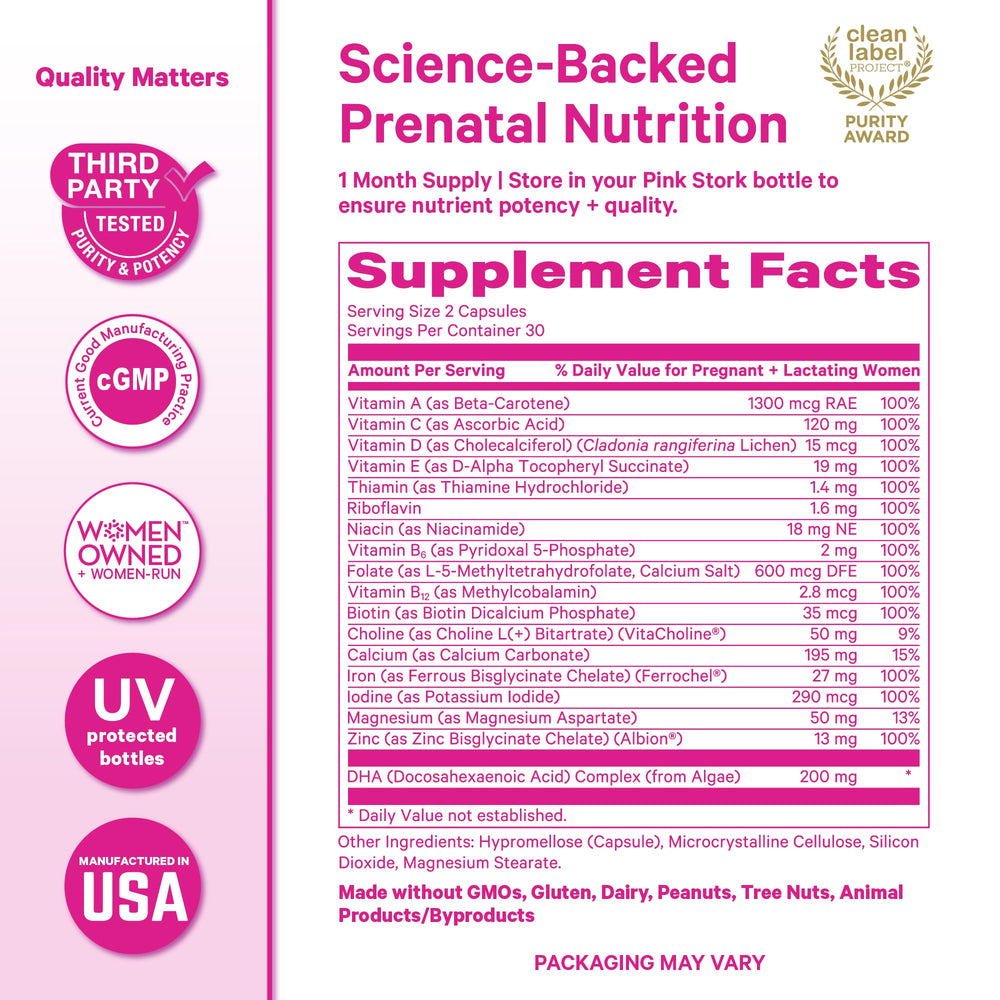 Pink Stork Total Prenatal DHA bottle beside a glass for on-the-go wellness