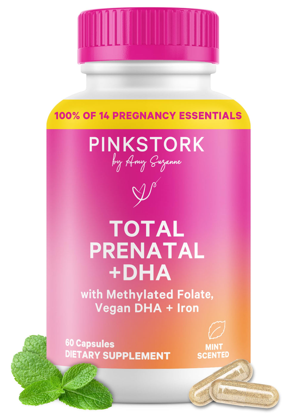 Pink Stork Total Prenatal DHA bottle showing easy-to-swallow capsules for pregnancy nutrition.