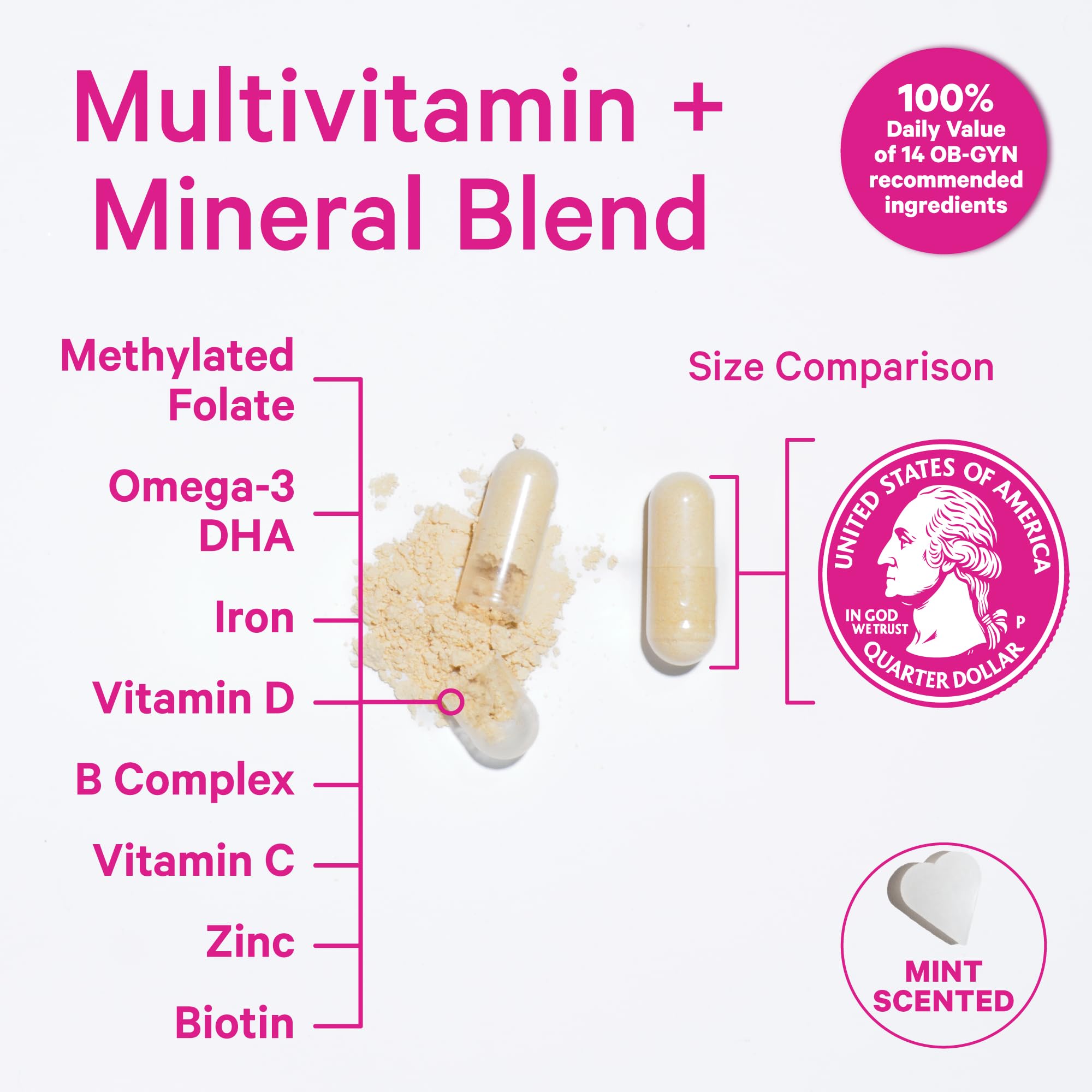 Close-up of Pink Stork prenatal capsules showing easy swallowing capability.