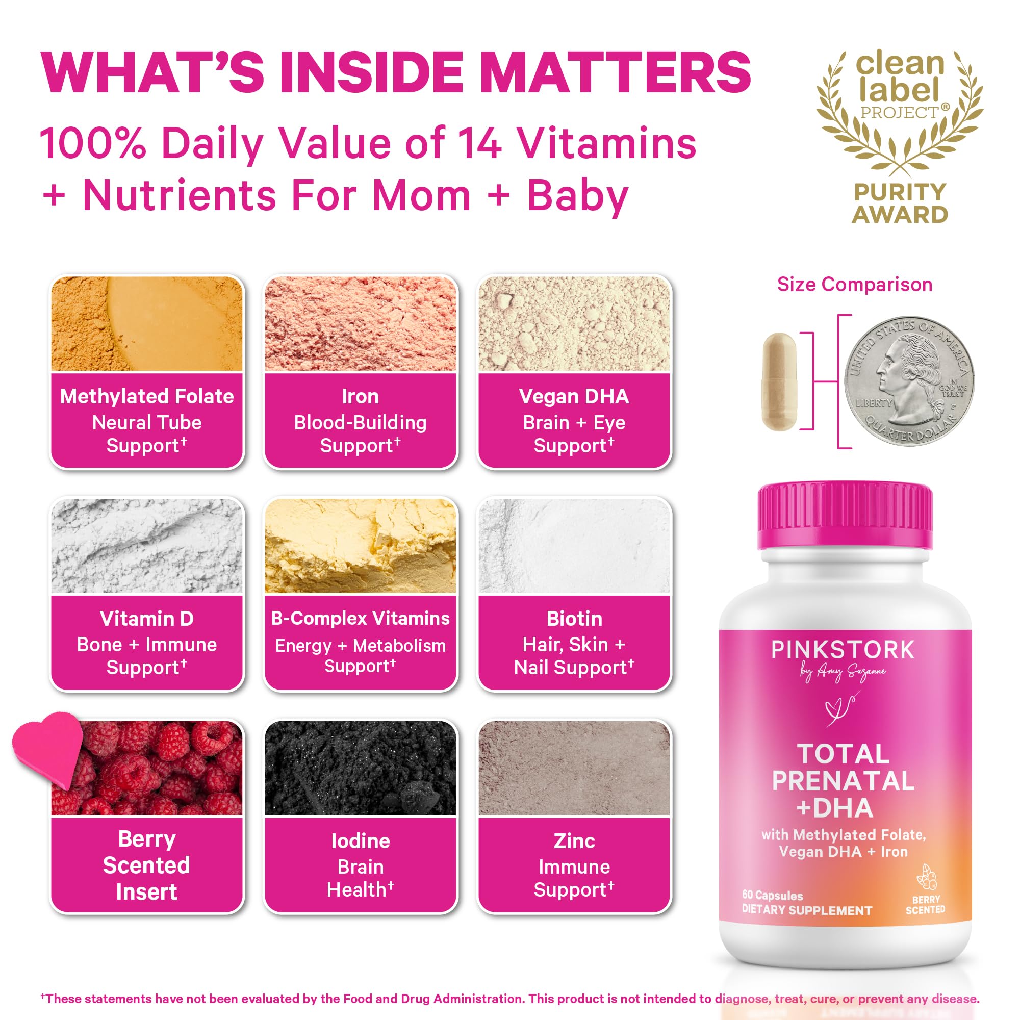 Close-up of Pink Stork Total Prenatal DHA capsules showing easy swallowing