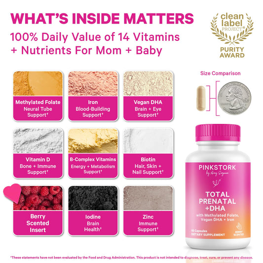 Close-up of Pink Stork Total Prenatal DHA capsules showing easy swallowing