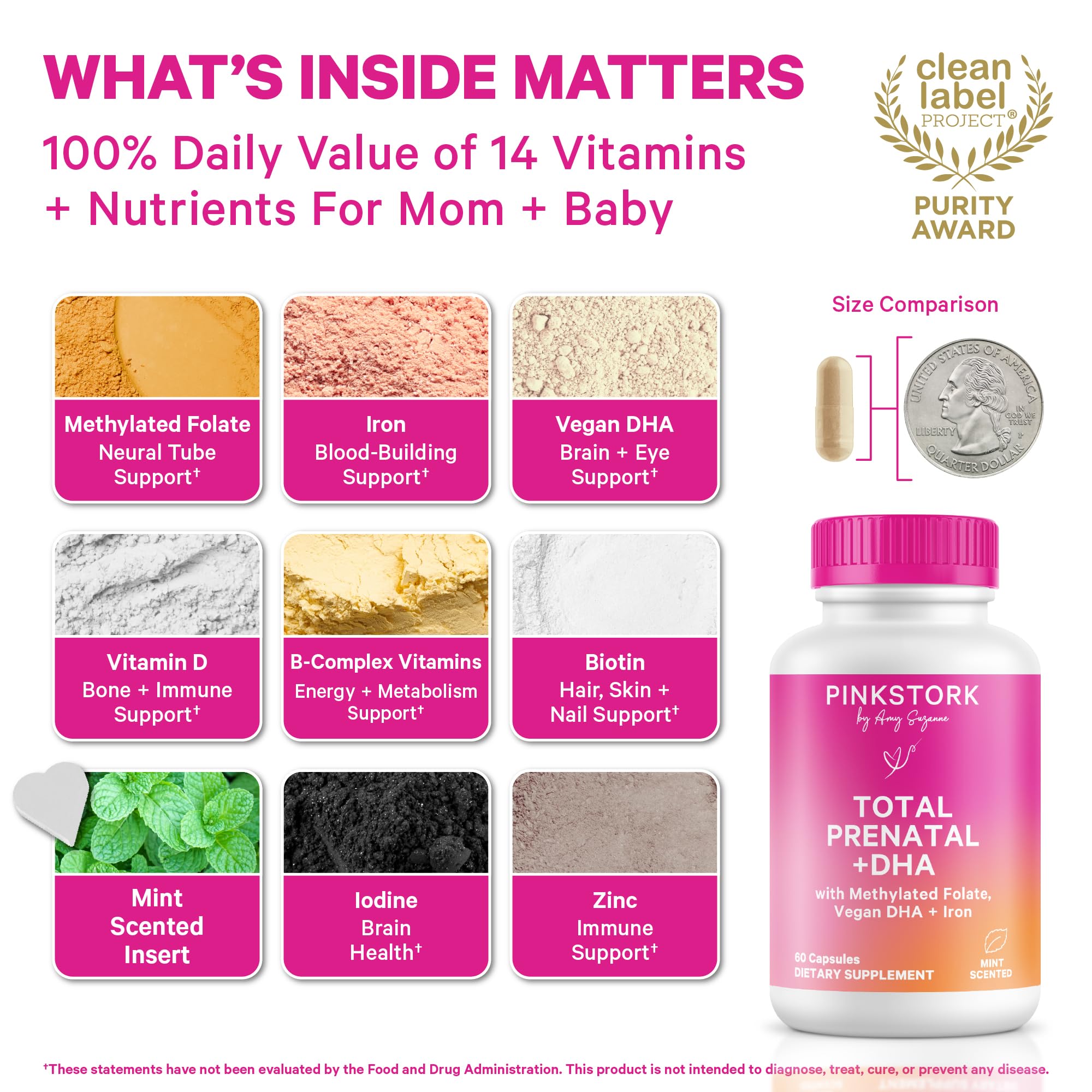 Pink Stork Total Prenatal Folate bottle highlighting bioavailable folate for preconception health.