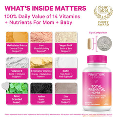Pink Stork Total Prenatal Folate bottle highlighting bioavailable folate for preconception health.