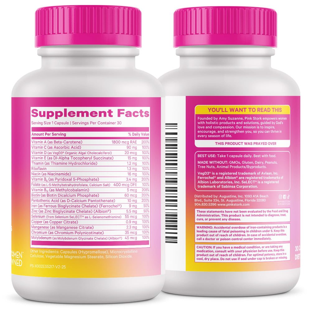 Pink Stork Total Women's Multivitamin ingredient graphic showing vitamins and minerals