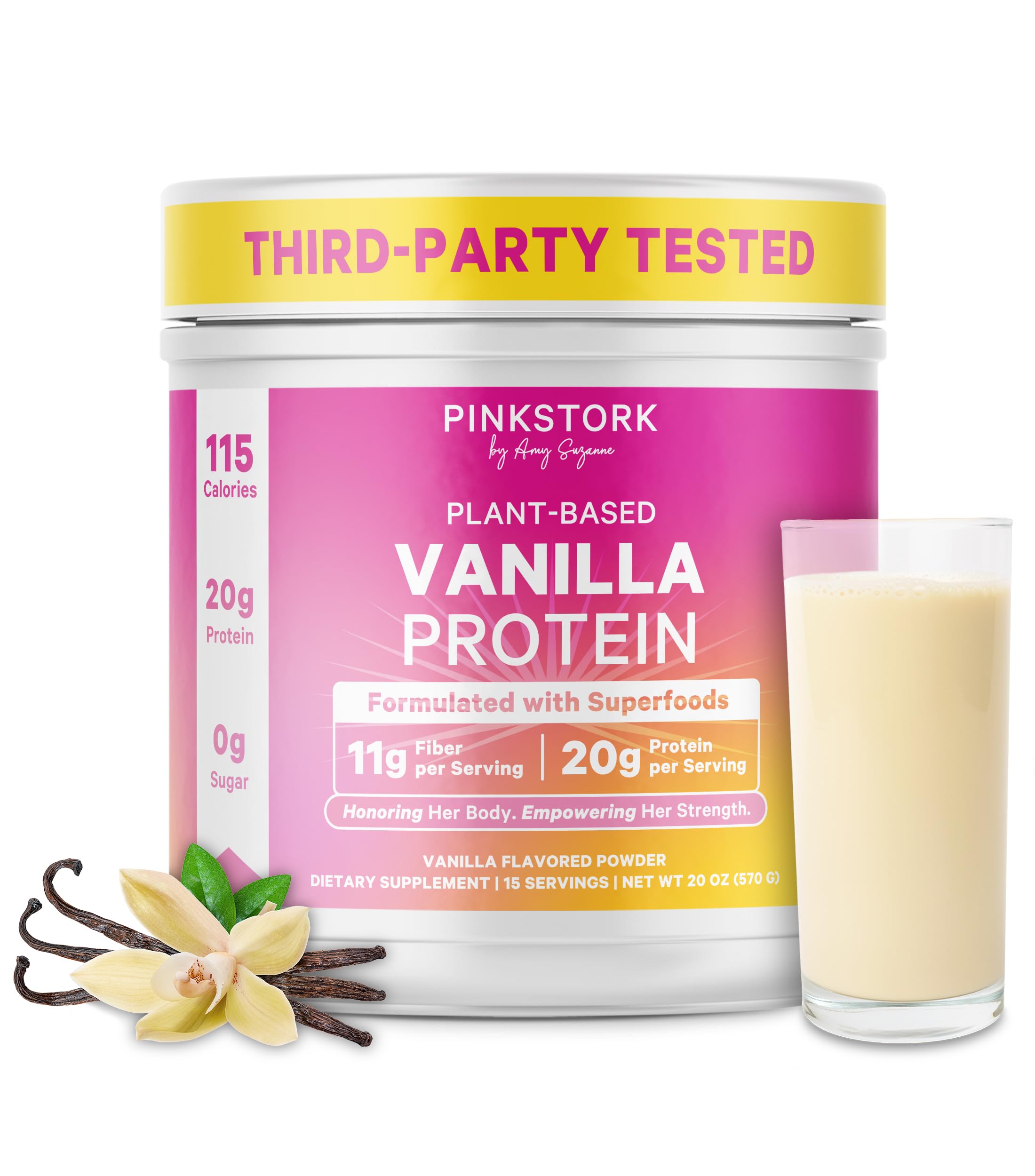 Pink Stork vanilla protein powder can for smooth daily shakes