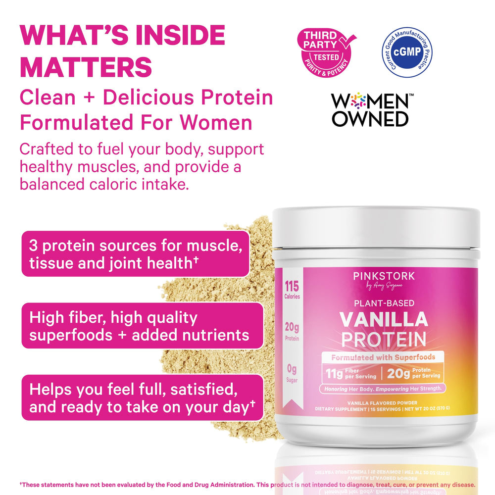 Pink Stork vanilla protein shake in glass for quick nutrition