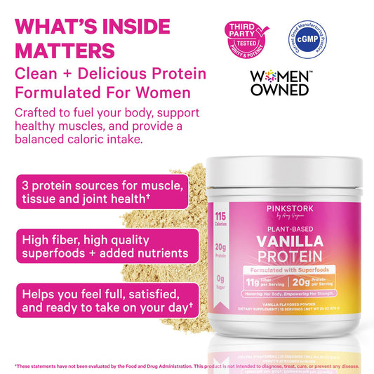 Pink Stork vanilla protein shake in glass for quick nutrition