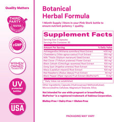 Pink Stork vegan capsules in amber bottle for clean plant-based support