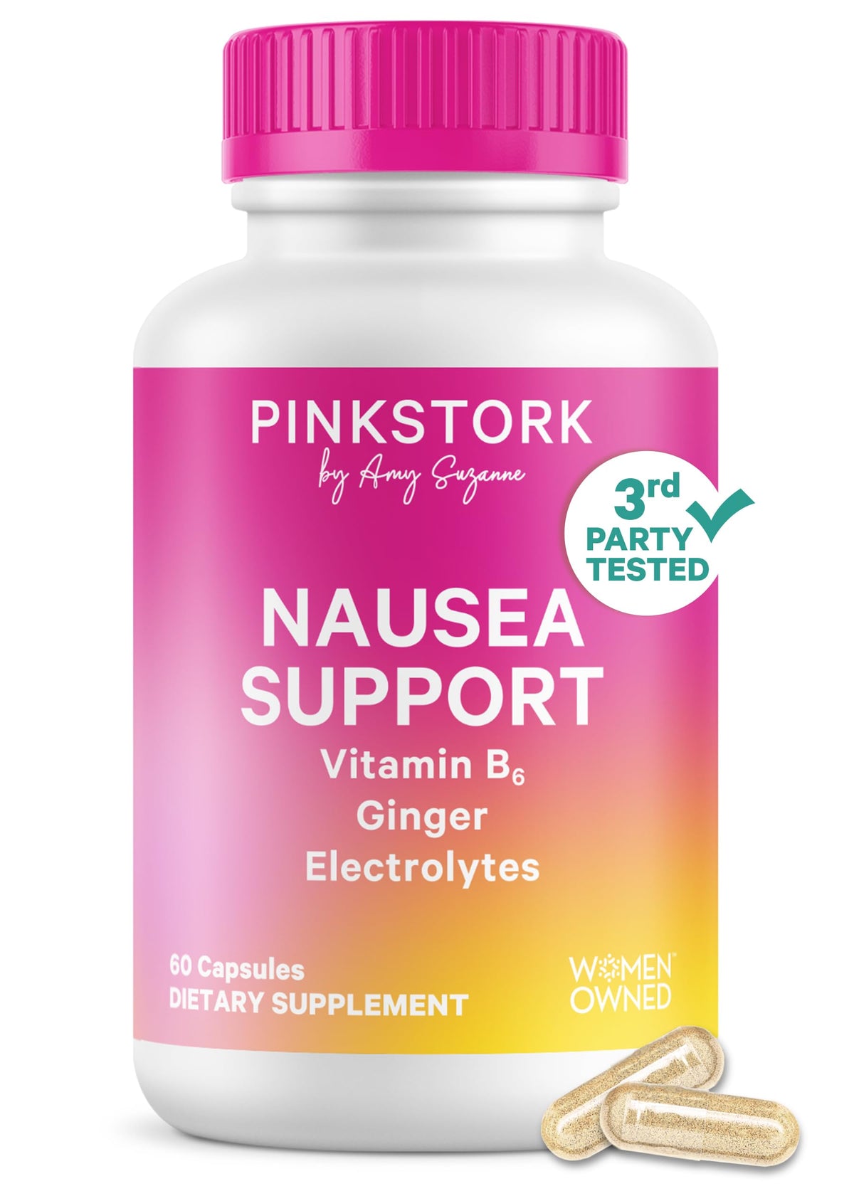 Pink Stork Vitamin B6 Ginger Electrolyte bottle shown for gentle digestive support on the go