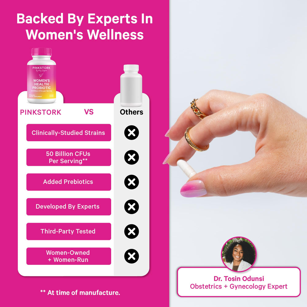 Pink Stork Women's Health Probiotic bottle front displaying vegan, non-GMO formula