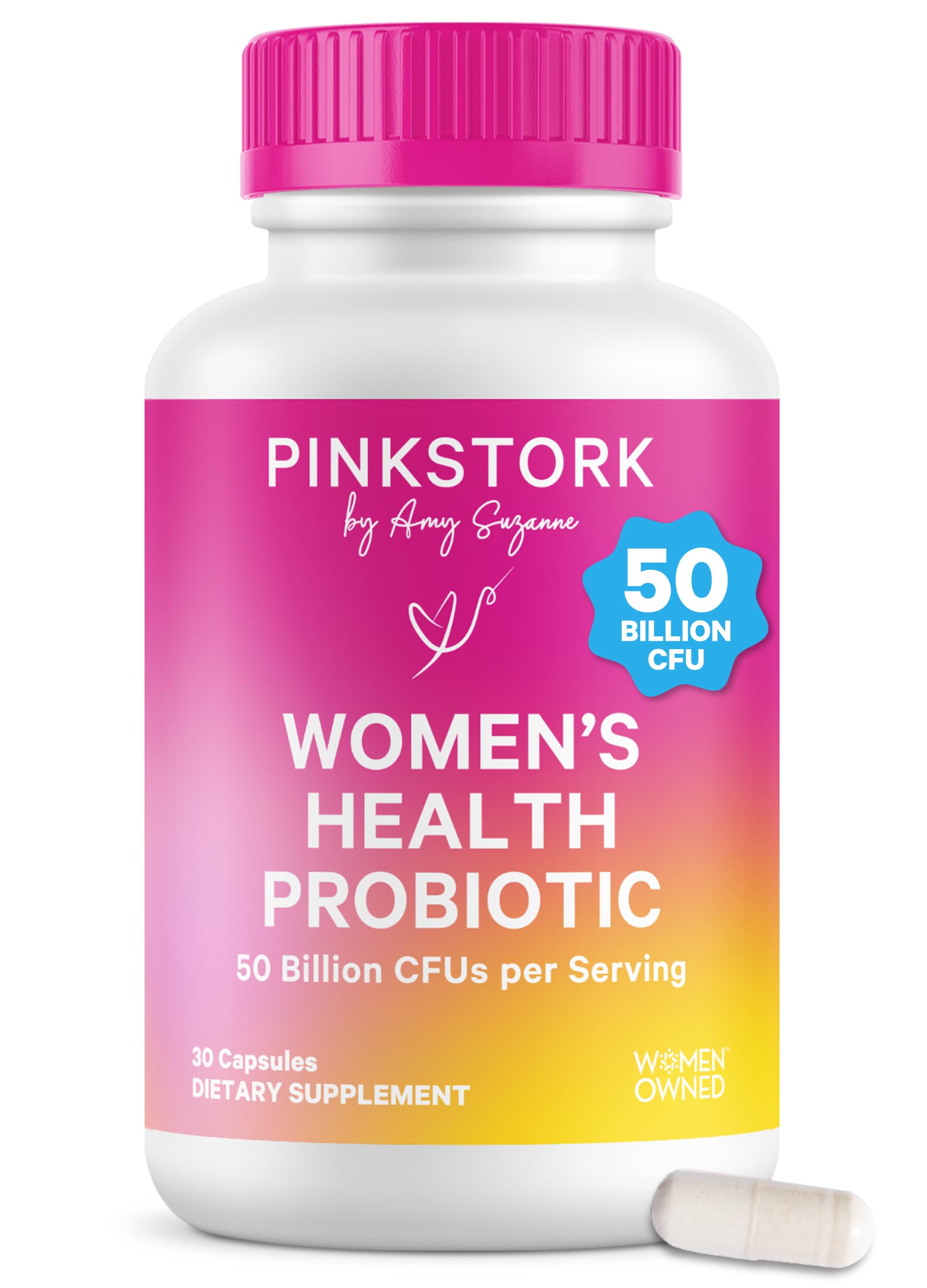 Pink Stork Women's Health Probiotic bottle pour with 50B CFU per capsule