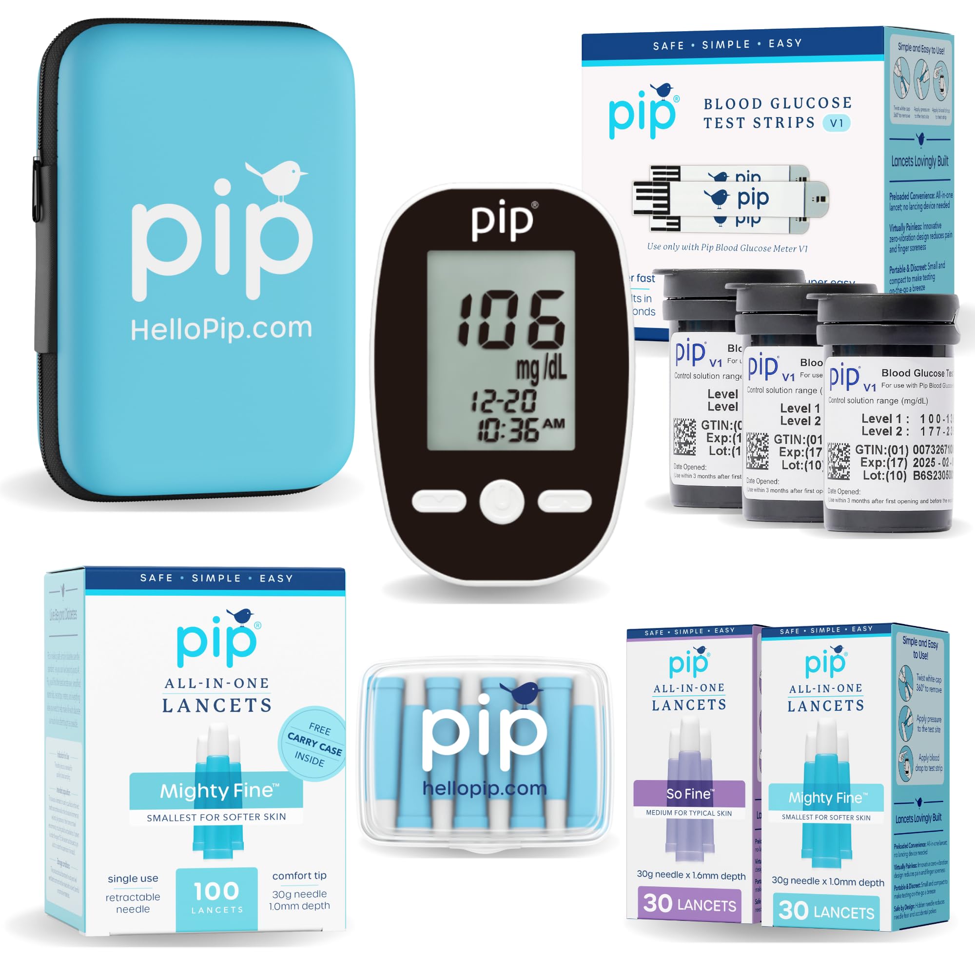 Pip glucometer display shows clear results for at-home testing.