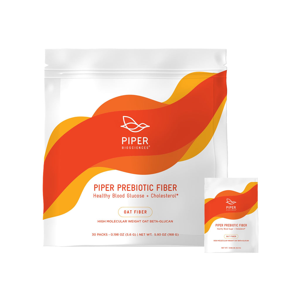 Piper Biosciences Piper Prebiotic Fiber oat bran powder pouch highlighting high molecular weight beta-glucan for daily fiber