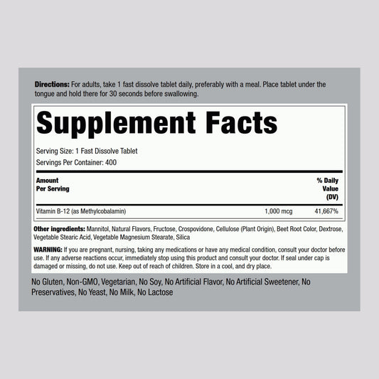 Piping Rock methylcobalamin B12 active form highlighted in tablets.