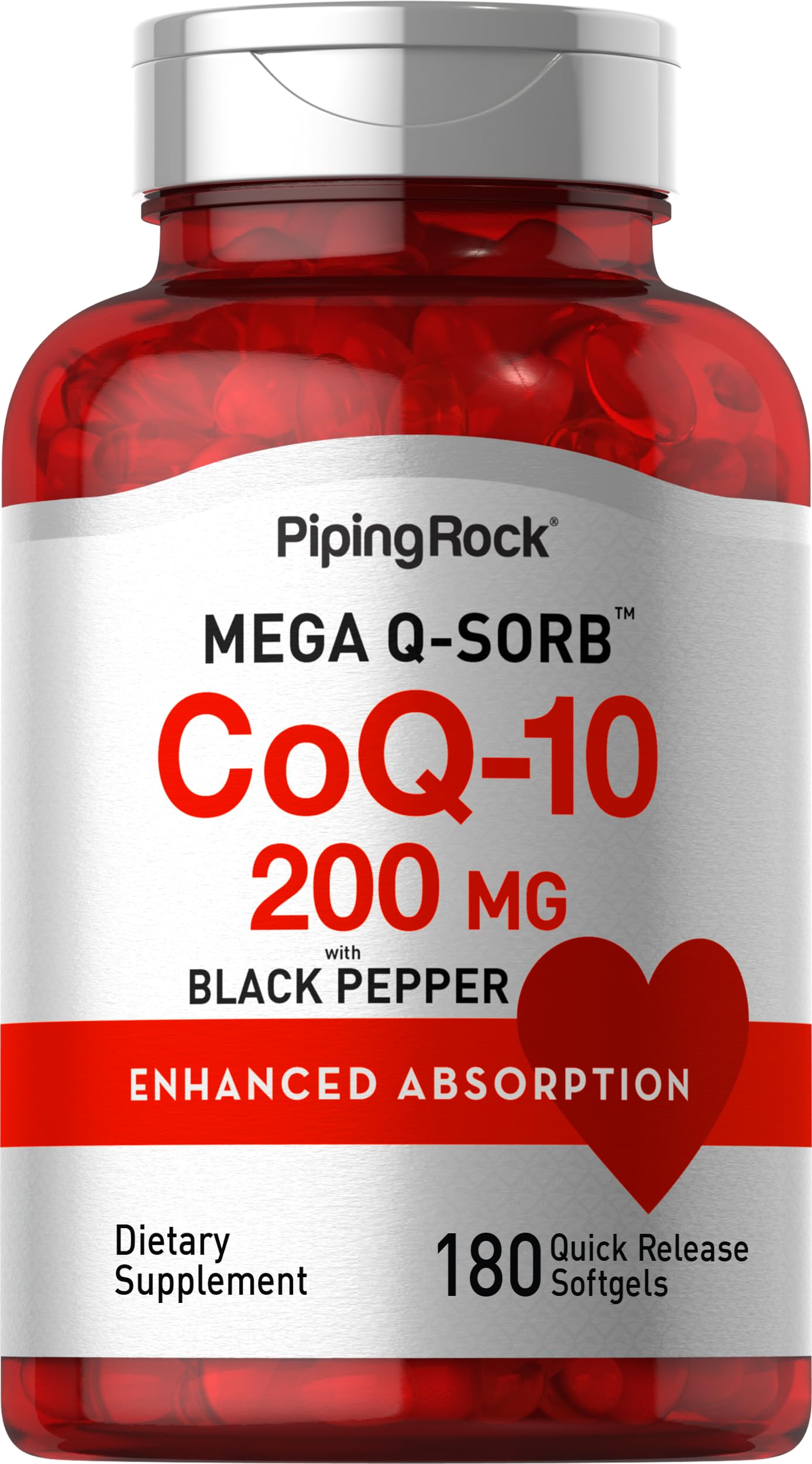 Piping Rock CoQ10 200mg softgel bottle with enhanced absorption.