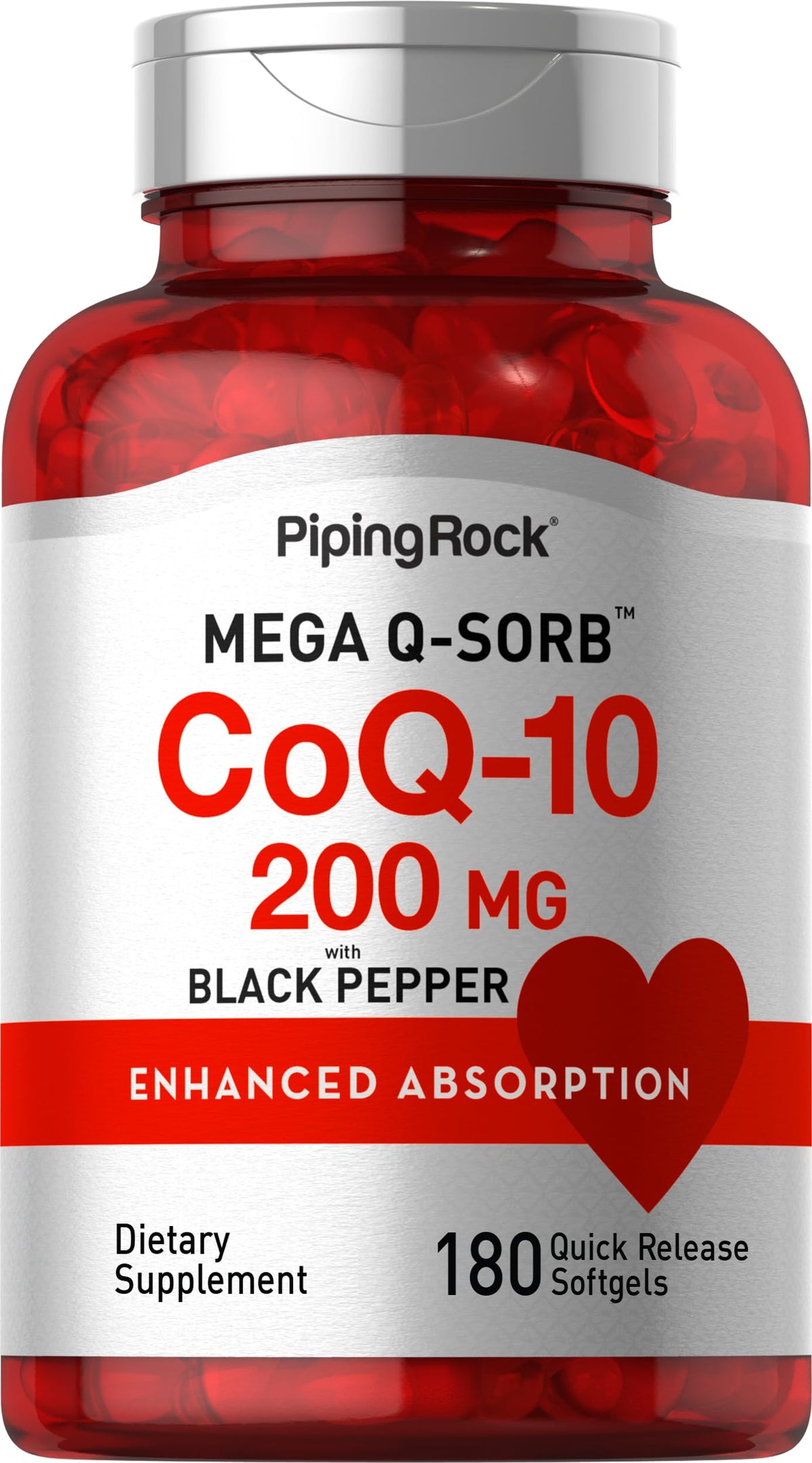 Piping Rock CoQ10 200mg softgel bottle with enhanced absorption.