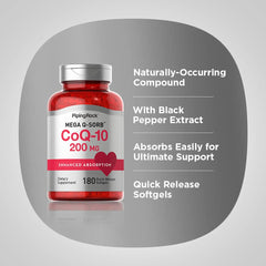 Piping Rock CoQ10 200mg softgel label front shows Non-GMO and Gluten Free.