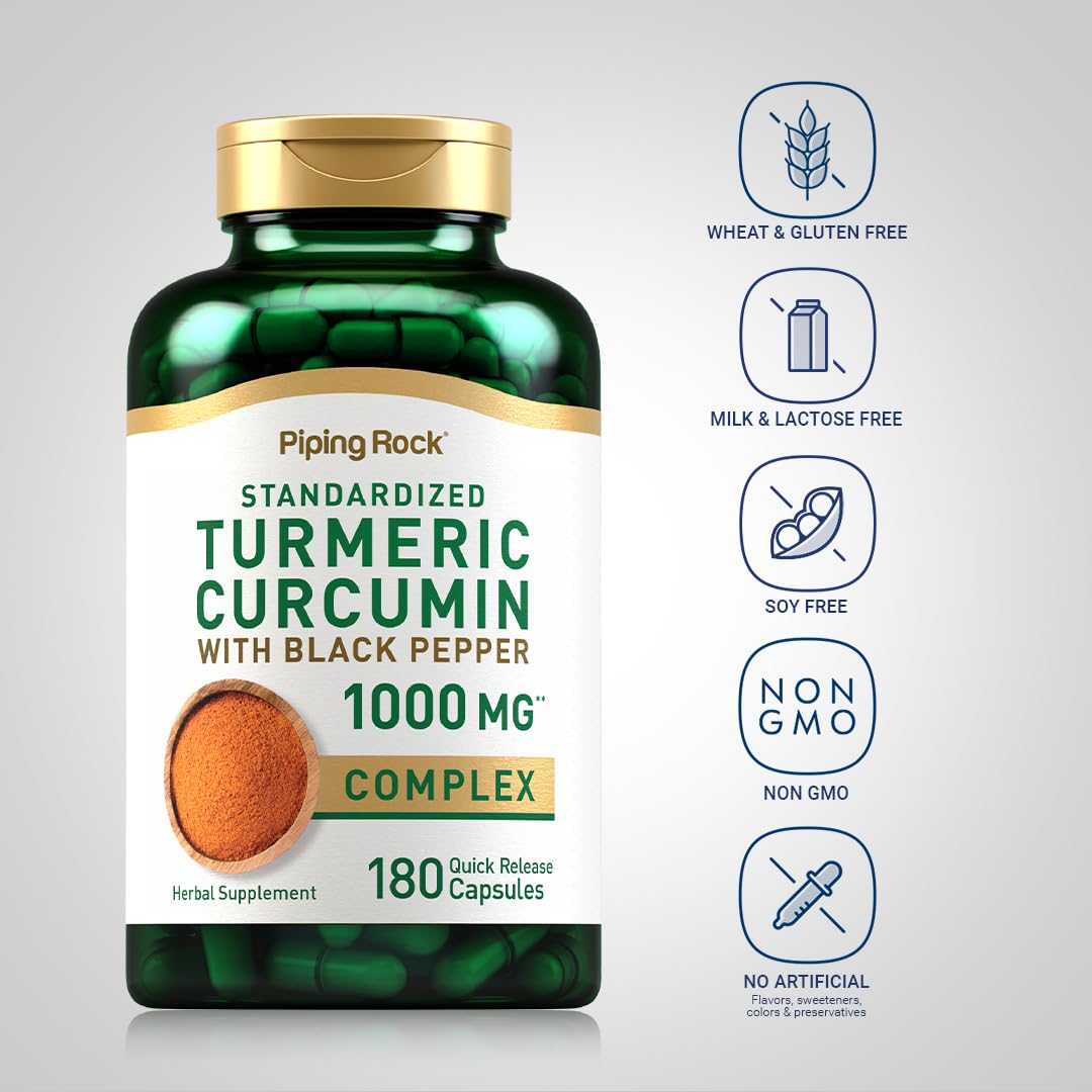 Piping Rock Turmeric Curcumin capsules close-up for daily use.