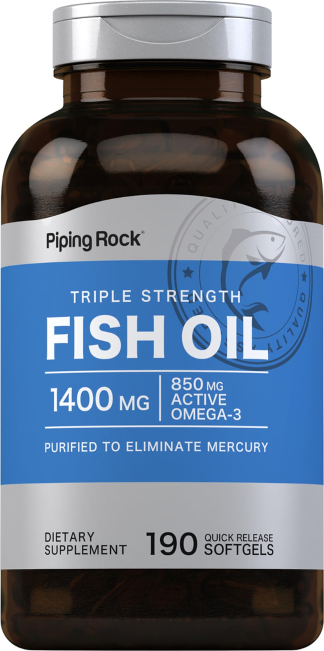 Piping Rock Fish Oil Omega-3 1400mg bottle, high-potency daily option for adults.