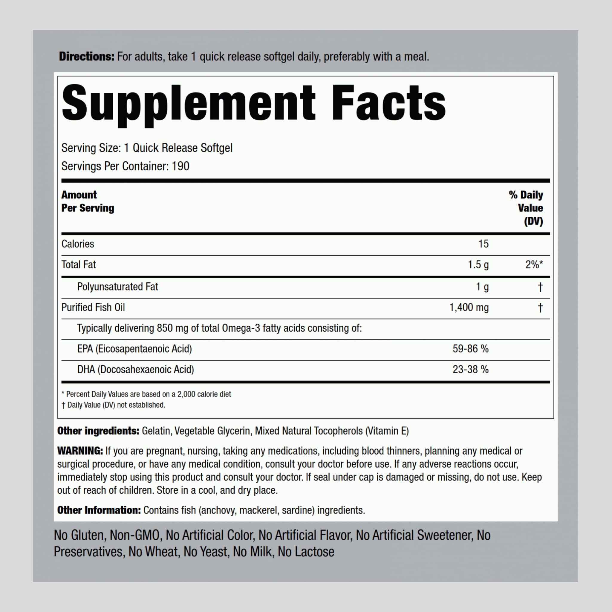 Piping Rock Omega-3 softgels close-up, easy-to-swallow capsules.