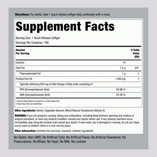 Piping Rock Omega-3 softgels close-up, easy-to-swallow capsules.