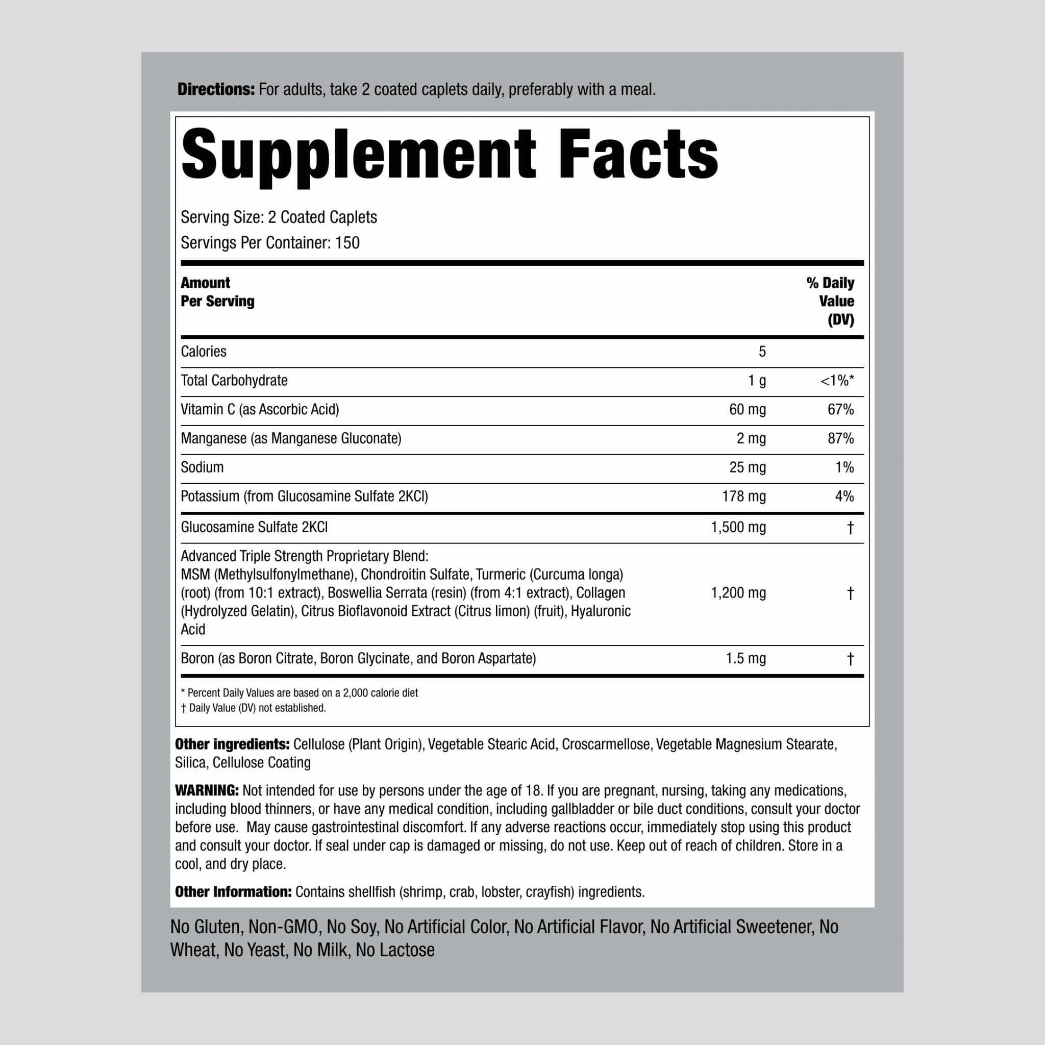 Piping Rock glucosamine chondroitin msm turmeric capsules closeup for easy daily dosing.