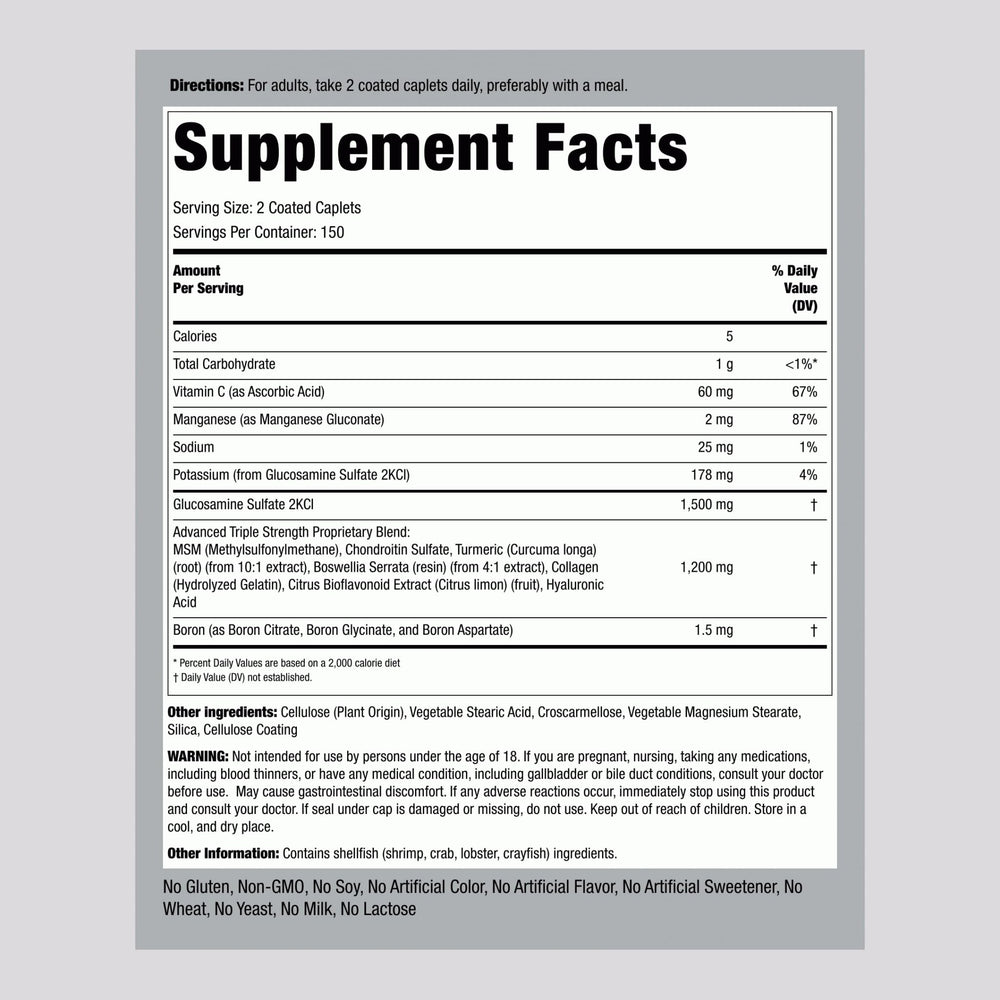 Piping Rock glucosamine chondroitin msm turmeric capsules closeup for easy daily dosing.