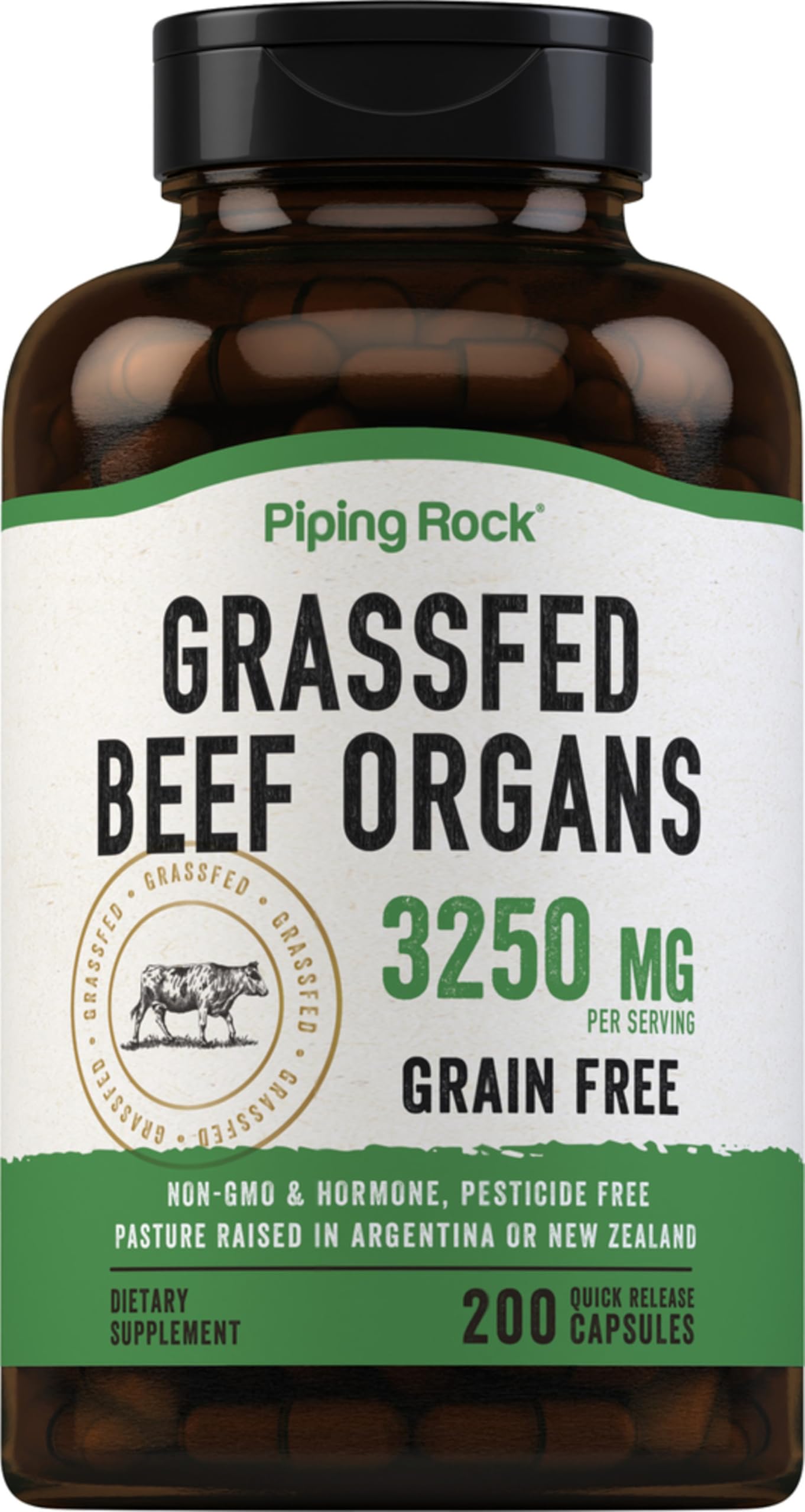 Piping Rock grass-fed beef organs bottle shows convenient nutrient-dense capsules for daily nutrition.