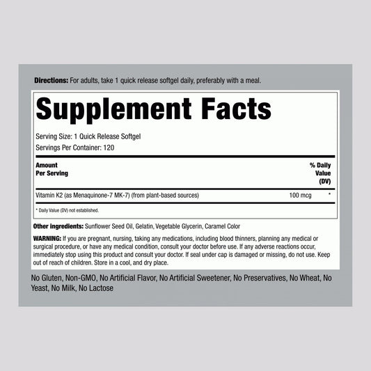 Piping Rock K2 MK7 softgels with quick-release design for faster absorption.