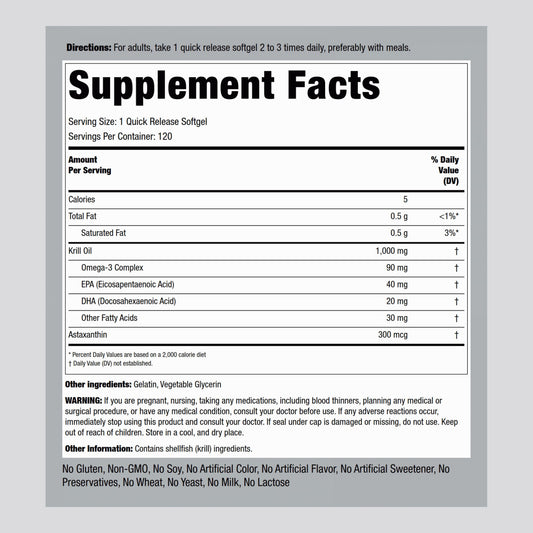 Piping Rock Krill Oil softgels close-up, easy to swallow