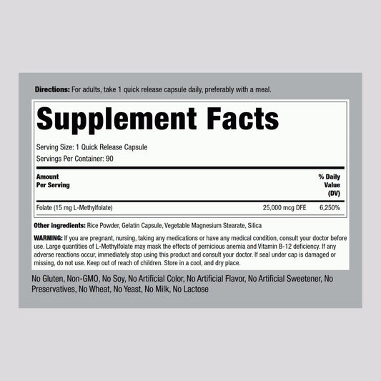 Piping Rock L-Methylfolate 15 mg bottle back shows dosage and ingredients.