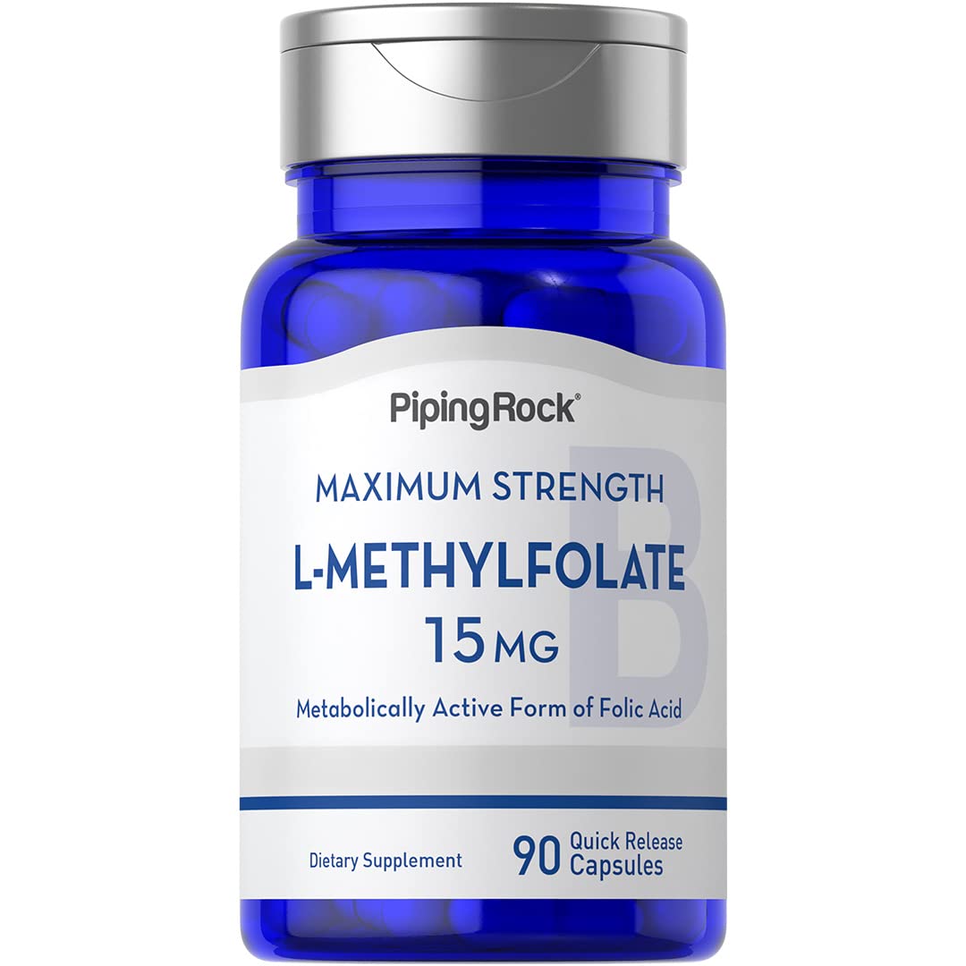 Piping Rock L-Methylfolate 15 mg capsule bottle front view for daily supplement.
