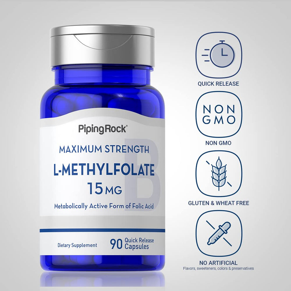 Piping Rock L-Methylfolate 15 mg capsule label close-up highlights active 5-MTHF form.