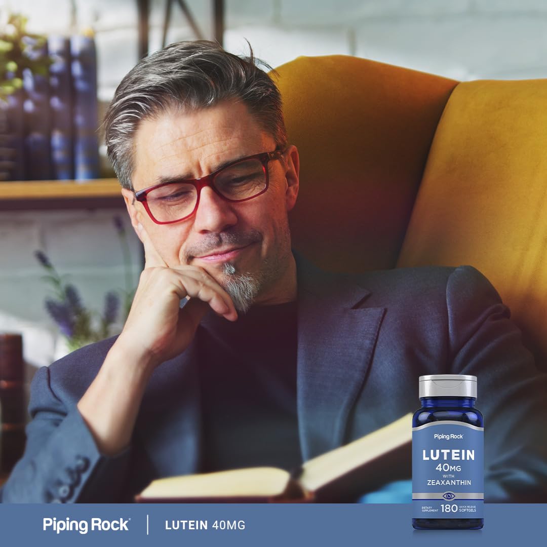 Piping Rock Lutein Zeaxanthin bottle open illustrates easy dosing.