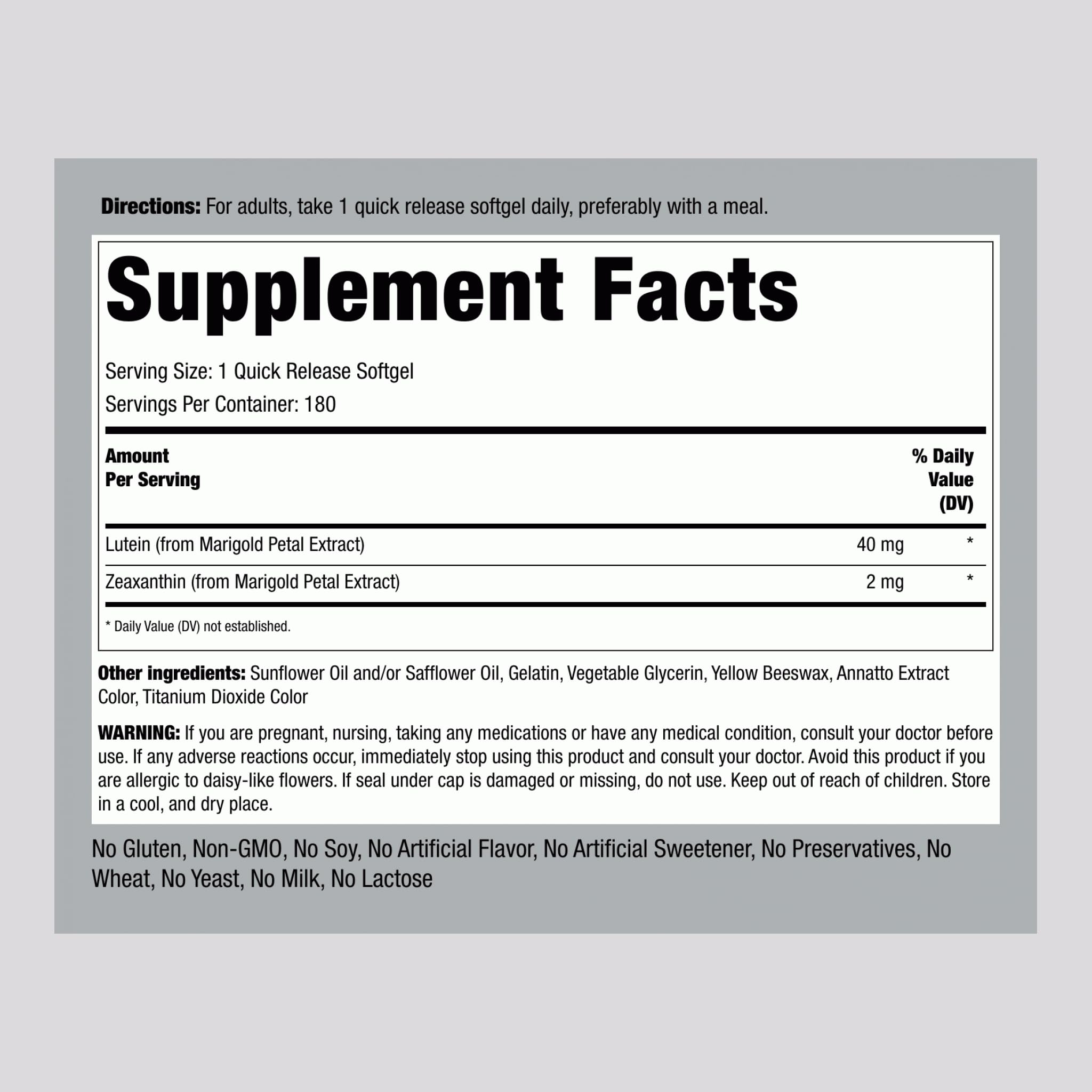 Piping Rock Lutein Zeaxanthin softgels close-up highlights quick-release delivery.
