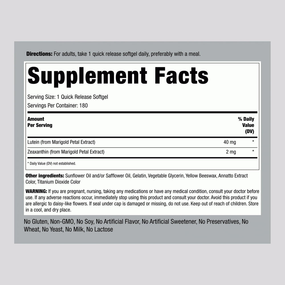 Piping Rock Lutein Zeaxanthin softgels close-up highlights quick-release delivery.
