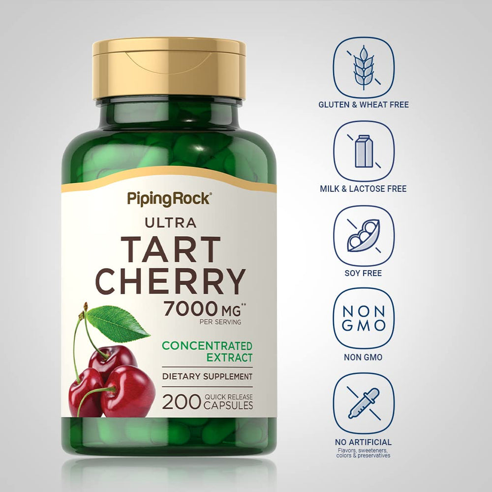 Piping Rock Tart Cherry Extract Capsules gluten-free, non-GMO label closeup showing quality.