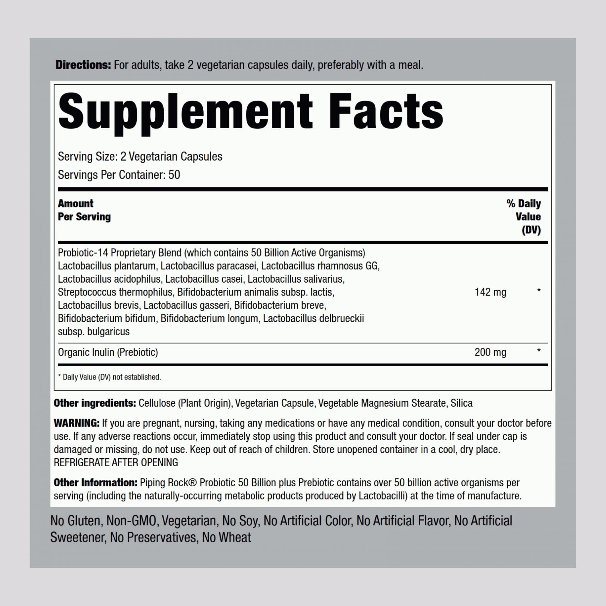 Piping Rock probiotic 14-strains label highlighting diverse digestive strains.