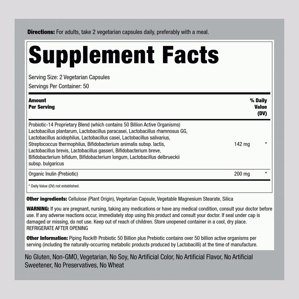 Piping Rock probiotic 14-strains label highlighting diverse digestive strains.