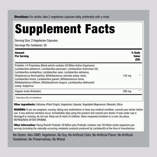 Piping Rock probiotic 14-strains label highlighting diverse digestive strains.