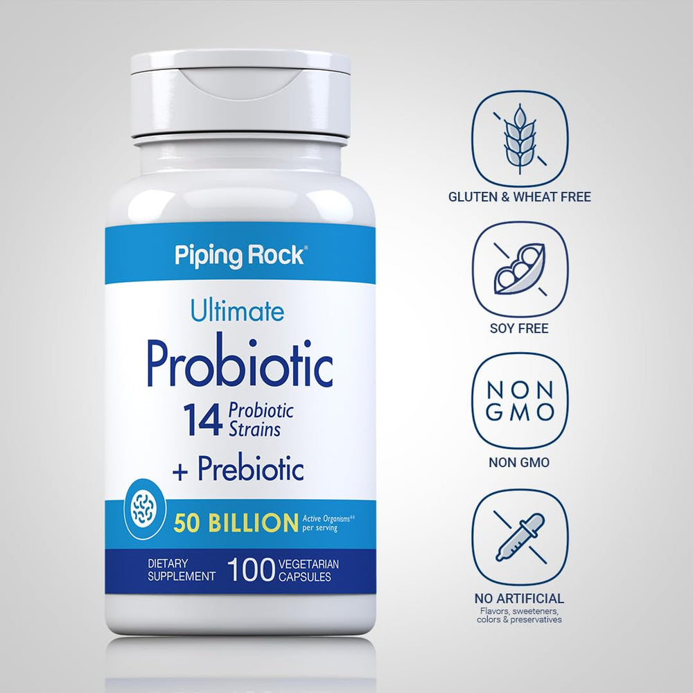 Piping Rock probiotic-inulin prebiotic blend emphasizes fiber for gut bacteria health.