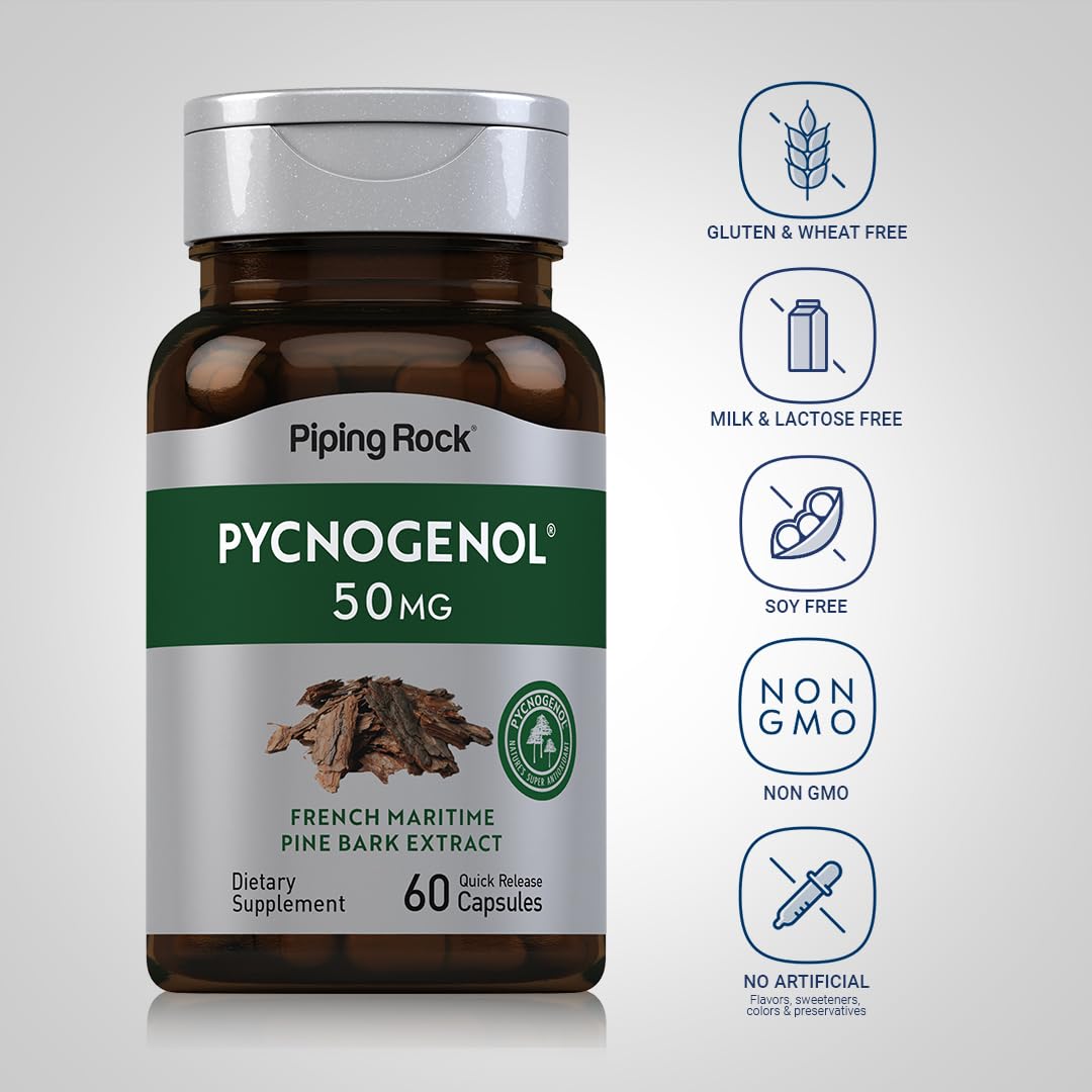 Label close-up showing Pycnogenol branding on the bottle.