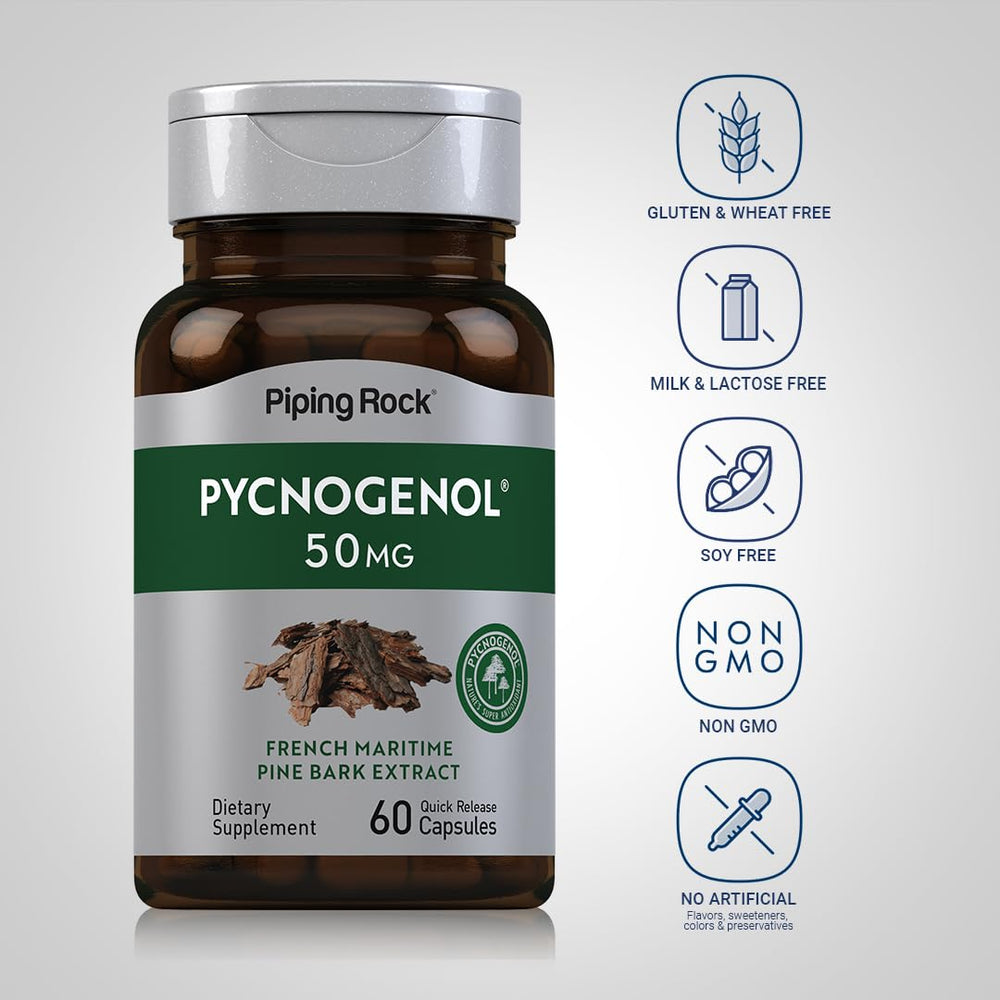 Label close-up showing Pycnogenol branding on the bottle.